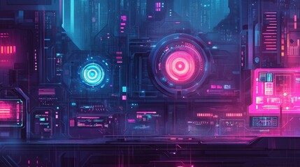 Wall Mural - sci-fi inspired abstract technology design with transparent interfaces, neon touchpoints, and a dark