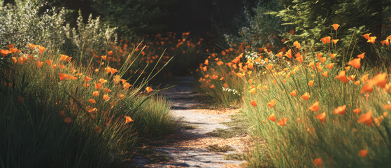 Wall Mural - A path through a field of orange flowers