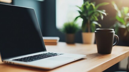 Fototapete - A serene desk displays a sleek laptop next to a warm cup of coffee, surrounded by lush green plants. Sunlight softly filters in, creating an inviting atmosphere for productivity