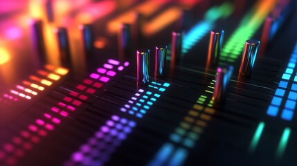 Aufkleber - Colorful, glowing audio equalizer interface with vibrant lights and metallic sliders.