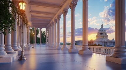 Fototapete - Majestic View of Columns and Capitol Building at Sunset in Washington