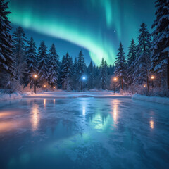 serene winter landscape featuring frozen lake illuminated by northern lights, surrounded by tall eve