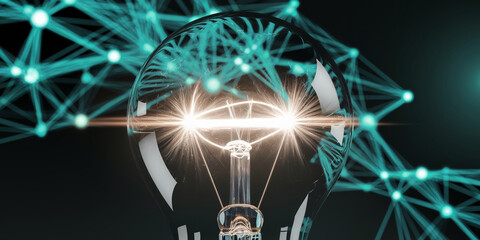 Glowing lightbulb, bright inner light, teal network backdrop, symbolizes innovation, connection, idea generation, technology, and networking