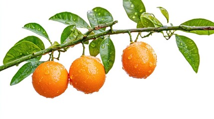 Fresh oranges with water drops on tree branch - natural citrus harvest and healthy nutrition for juices or culinary design