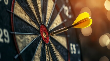 Poster - Close-up of a yellow dart hitting the bullseye of a dartboard.