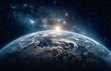 Wall Mural - panoramic view of the earth, sun, star and galaxy. sunrise over planet earth, view from space.
