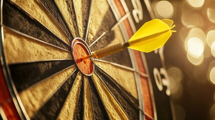 Poster - Close-up of a yellow dart hitting the bullseye of a dartboard.