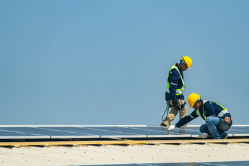 Wall Mural - team of professionals installs solar panels, ensuring energy efficiency and sustainable development.