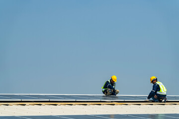 Wall Mural - team of professionals installs solar panels, ensuring energy efficiency and sustainable development.