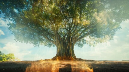 Aufkleber - Majestic ancient tree with sun rays, roots, and ground.