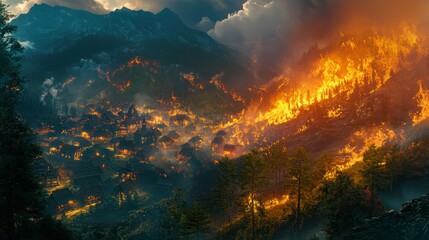 Wall Mural - A wildfire consuming a mountainside near a small village.