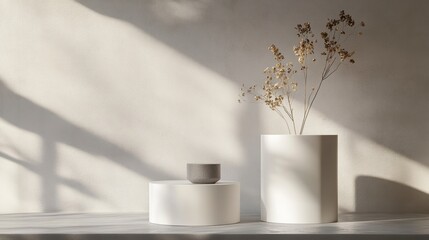 Poster - Minimalist scene with dried flowers in a white vase and a small bowl on a pedestal.
