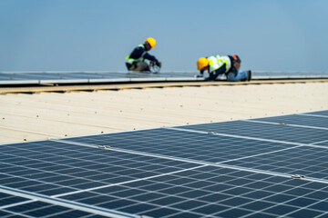 Wall Mural - team of professionals installs solar panels, ensuring energy efficiency and sustainable development.