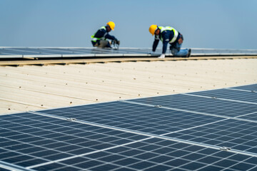 Wall Mural - team of professionals installs solar panels, ensuring energy efficiency and sustainable development.