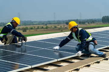 Wall Mural - two engineers install solar panels on a rooftop, wearing safety gear and helmets. the scene showcase