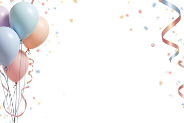 Wall Mural - banner design with floating pastel balloons in soft blue, lavender, and peach, scattered confetti an