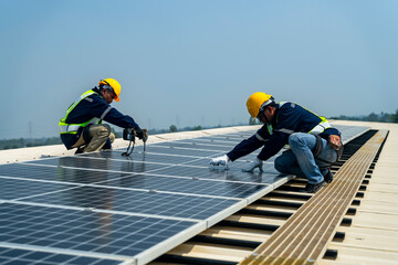 Wall Mural - two engineers install solar panels on a rooftop, wearing safety gear and helmets. the scene showcase