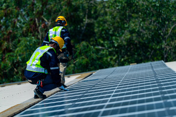 Wall Mural - team of professionals installs solar panels, ensuring energy efficiency and sustainable development.