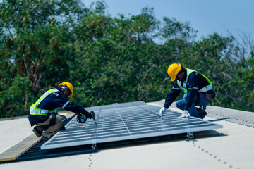 Wall Mural - team of professionals installs solar panels, ensuring energy efficiency and sustainable development.