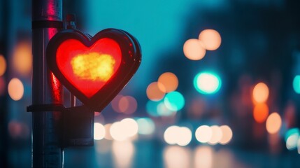 Aufkleber - Heart-shaped red traffic light glowing at night in a blurred city background.