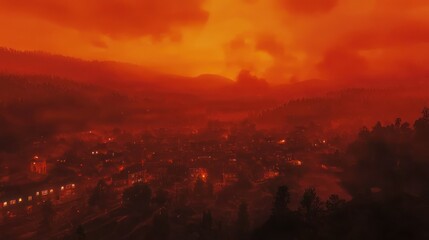 Wall Mural - A town covered in red sky due to heavy wildfire smoke.