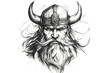 © Michael - Black and white illustration of powerful viking warrior wearing horned helmet, long beard flowing in wind, conveying strength and fierceness