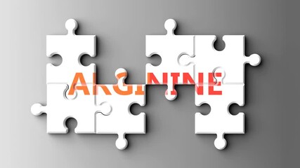 Leinwandbilder - Arginine as a complex topic - pictured as word arginine on a puzzle pieces to show that arginine is a composite subject. Solving a puzzle. Pieces coming together to make a whole