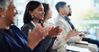 © peopleimages.com - Happy, business people or meeting with applause at workshop for presentation, thank you or well done. Group, employees or team clapping with smile for good job, speech or congratulations at workplace