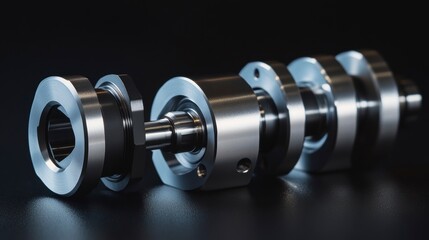 Poster - Close-up of precision-engineered metallic industrial components, meticulously arranged on a dark surface, showcasing intricate details and high-quality manufacturing.
