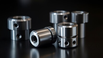 Aufkleber - Close-up of precisely machined metal parts with threaded inserts and multiple holes, arranged on a dark reflective surface.
