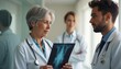© natakot - A senior female doctor examines an X-ray while a young male colleague listens intently, with a female nurse in the background. This image captures a moment of collaboration and expertise in a