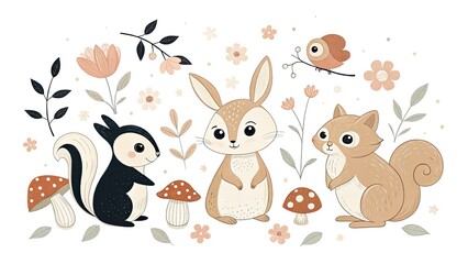  A set of cute woodland animals painted concept Charming illustration of woodland animals surrounded by flowers and mushrooms.