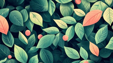 Aufkleber - Lush green and coral leaves and berries background texture.