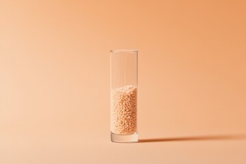 Poster - Unique cylindrical glass filled with small beige grains against a warm peach backdrop