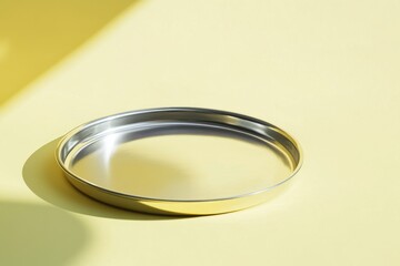 Poster - Simple metallic tray resting on a smooth yellow surface illuminated by soft natural light