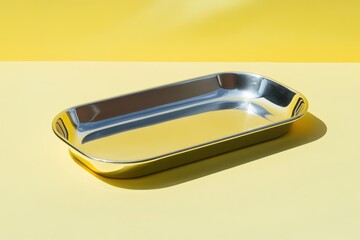 Poster - Stainless steel tray on vibrant yellow surface showcases modern design and practical utility in indoor settings for serving or organizing