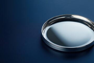 Poster - Reflective silver tray resting on a dark blue surface, showcasing its smooth round design and subtle reflections