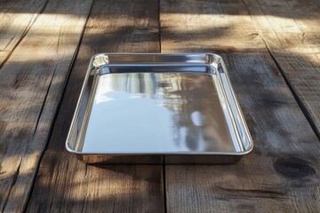 Aufkleber - Reflective metal tray placed on wooden surface under natural light in a serene environment