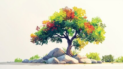 Poster - Vibrant tree with colorful foliage on rocks, isolated on white background.