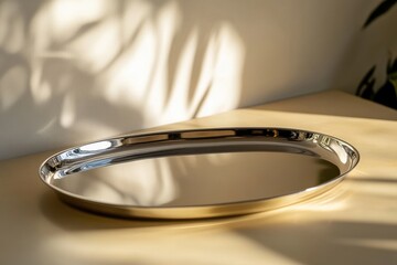 Poster - Elegant metal tray reflecting light on a warm wooden surface in a cozy interior space