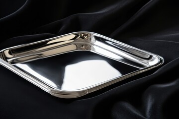 Poster - Silver tray placed on a black fabric surface showcasing elegance and simplicity