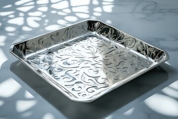 Aufkleber - Elegant silver tray with intricate design reflects light on marble surface at midday