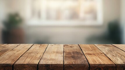 Fototapete - Empty rustic wooden tabletop with blurred bright indoor background