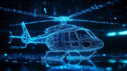 Poster - Futuristic digital wireframe helicopter model on dark background.