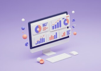 computer display with charts and keyboard on light purple