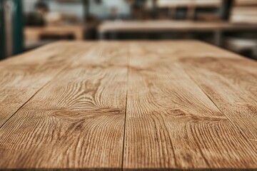 Poster - Rustic raw wood tabletop showcasing natural grain in blurred workshop background