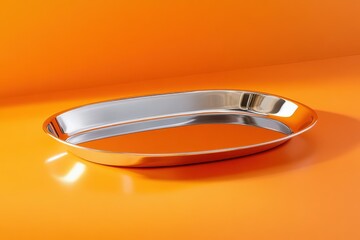 Fototapete - Modern stainless steel serving tray displayed on a vibrant orange surface for kitchen or dining use
