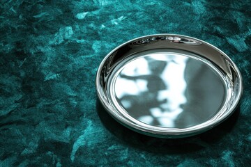 Aufkleber - Reflective silver tray placed on a plush teal surface capturing light patterns during afternoon hours