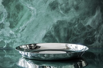 Aufkleber - Reflective metal tray on green marbled surface with elegant design elements