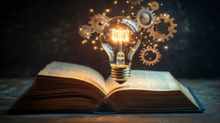 Leinwandbilder - Glowing lightbulb above open book with gears, symbolizing knowledge, innovation, and ideas. (1)